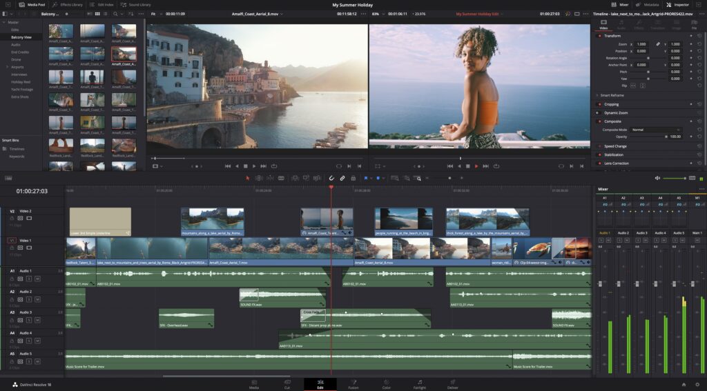 Timeline view in Davinci Resolve's Edit tab, showcasing a black woman in the viewer. Playhead parked on edited footage. Source viewer displays a coastal village perched on a cliff overlooking the ocean.