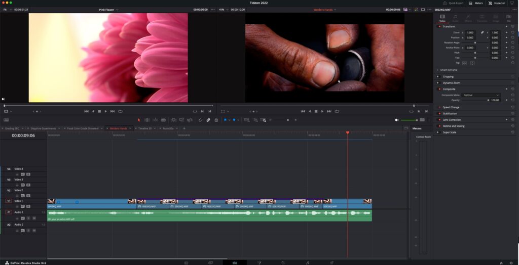 Davinci Resolve Edit Tab interface with a close-up of a welder's hands covered in oil, holding a piece of metal in the timeline viewer. The source viewer displays a vibrant pink flower.