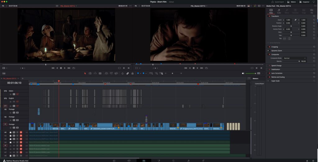 Davinci Resolve Edit Tab interface with a short film being edited. Timeline viewer shows a shot of someone biting into bread, and the source viewer displays people in a dark room raising their hands to vote.