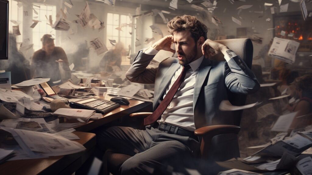 Stressed man in a chaotic office, surrounded by swirling papers. His hands to his ears, trying to escape the madness. Colleagues scramble amidst the chaos as a distant fire adds to the pandemonium.