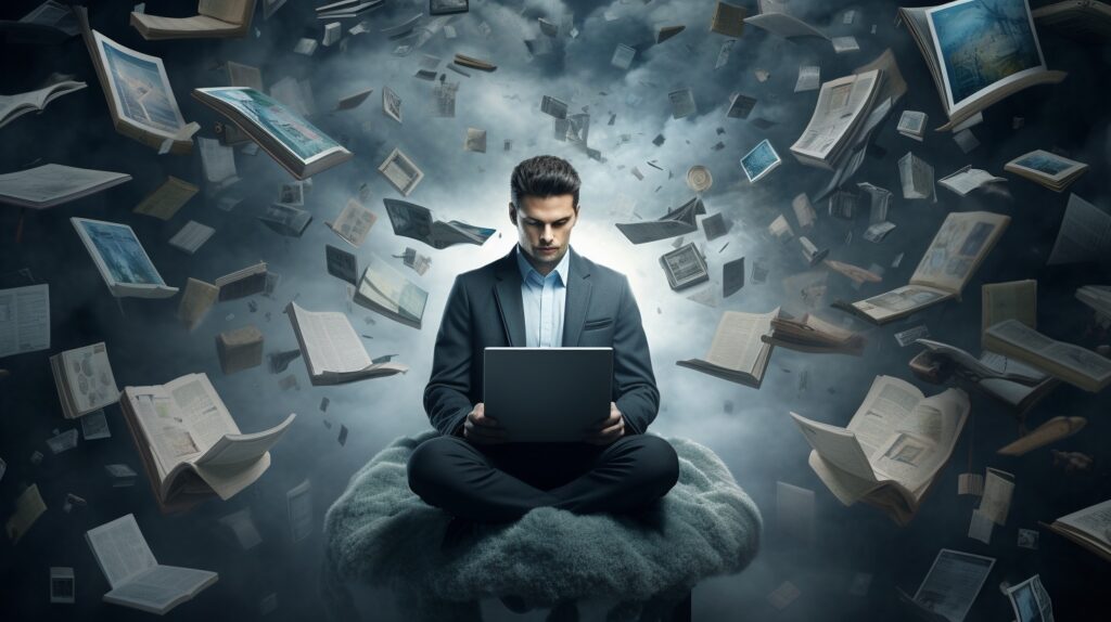 A man sits serenely in a floating room amid a swirling vortex of books. The atmosphere is filled with mist and distant blue clouds, creating a surreal reading space.