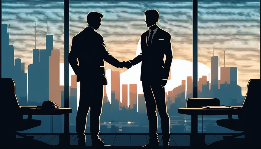 Vector art illustration of business people shaking hands in a high-rise, promoting our affiliate program for video editing services, with a beautiful sunset in the distance.