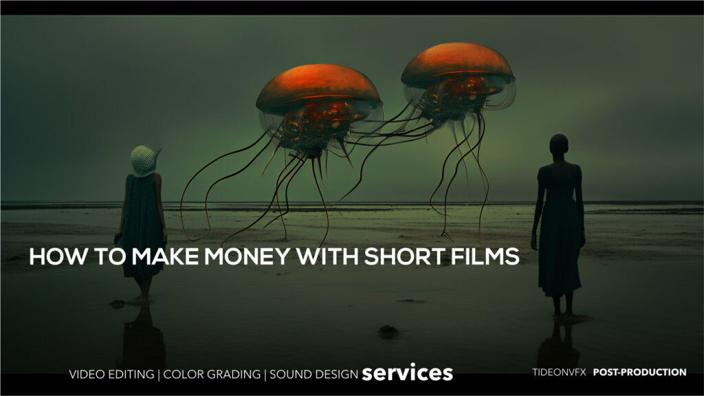 Surreal cinematic shot of two people on the beach looking at jelly-fish like aliens floating above water, with the text overlay saying: How to make money with shortfilms. Can you make money with shortfilms?
