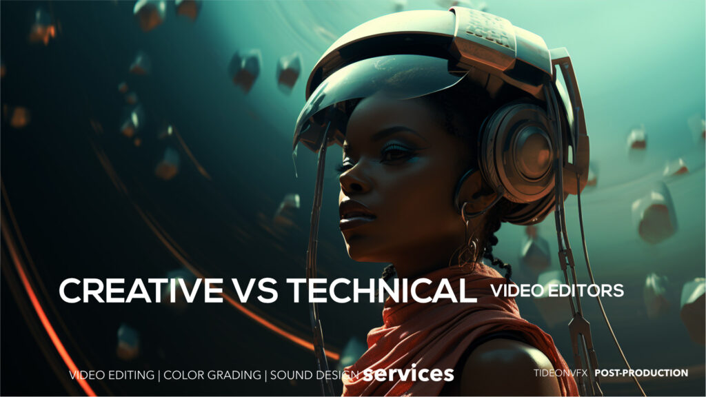 Creative vs Technical Video Editor. Woman in a space suite with the outer space in the background while standing on a spaceship in a sci-fi film.