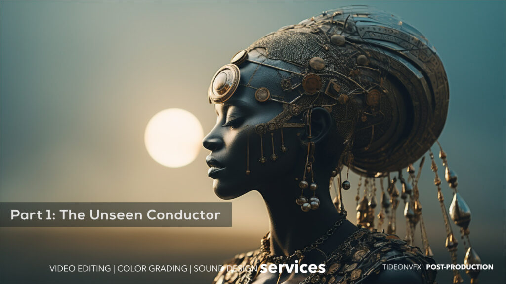 The unseen conductor. A black woman in a close-up shot has her eyes closed. And the far distance we see the bright sun. Her look is afrofuturism. The cinematic still is a side profile shot