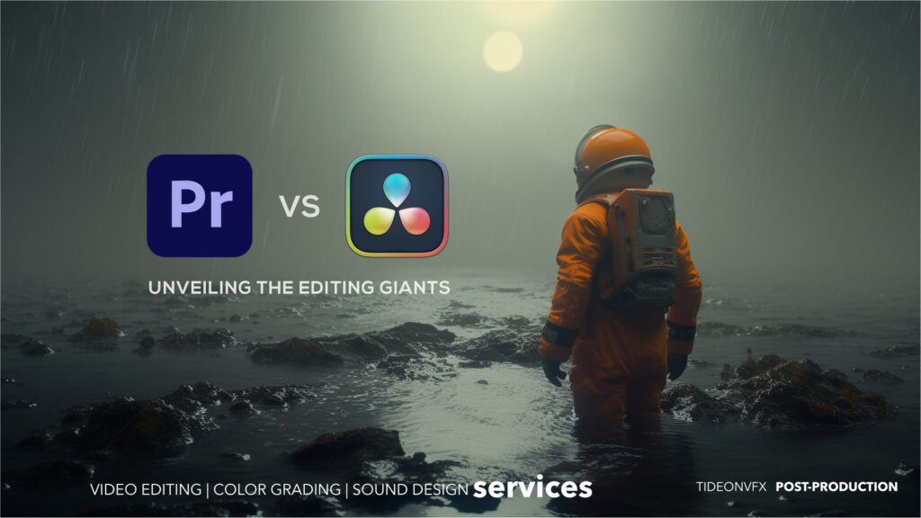 Premiere vs Davinci resolve with an astronaut standing knee-high in the oceans edge.