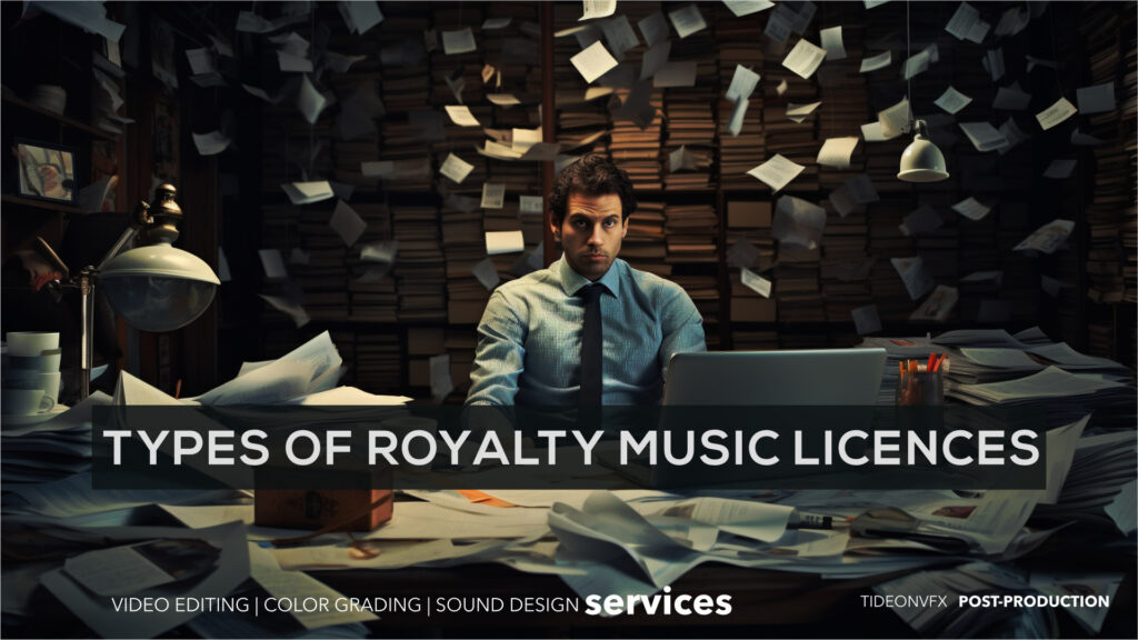 Types Of Music Licences. Man sits in a room with sheet of paper flying around in the air. While sitting at a desk just starring into the nothing