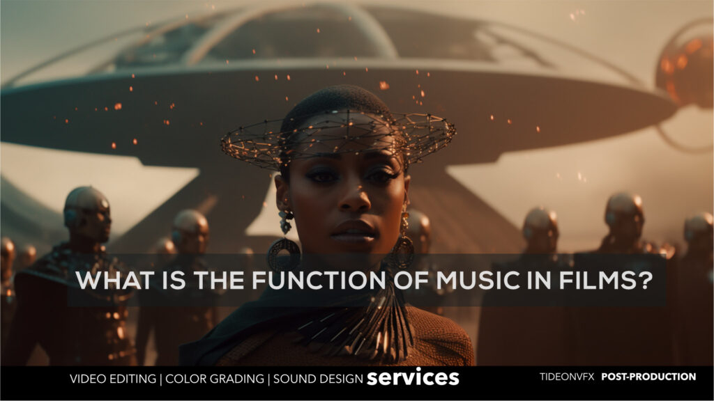 The text "what is the function of film?" overlaid on a cinematic shot of a black woman in a cinematic film still of a sci-fi film