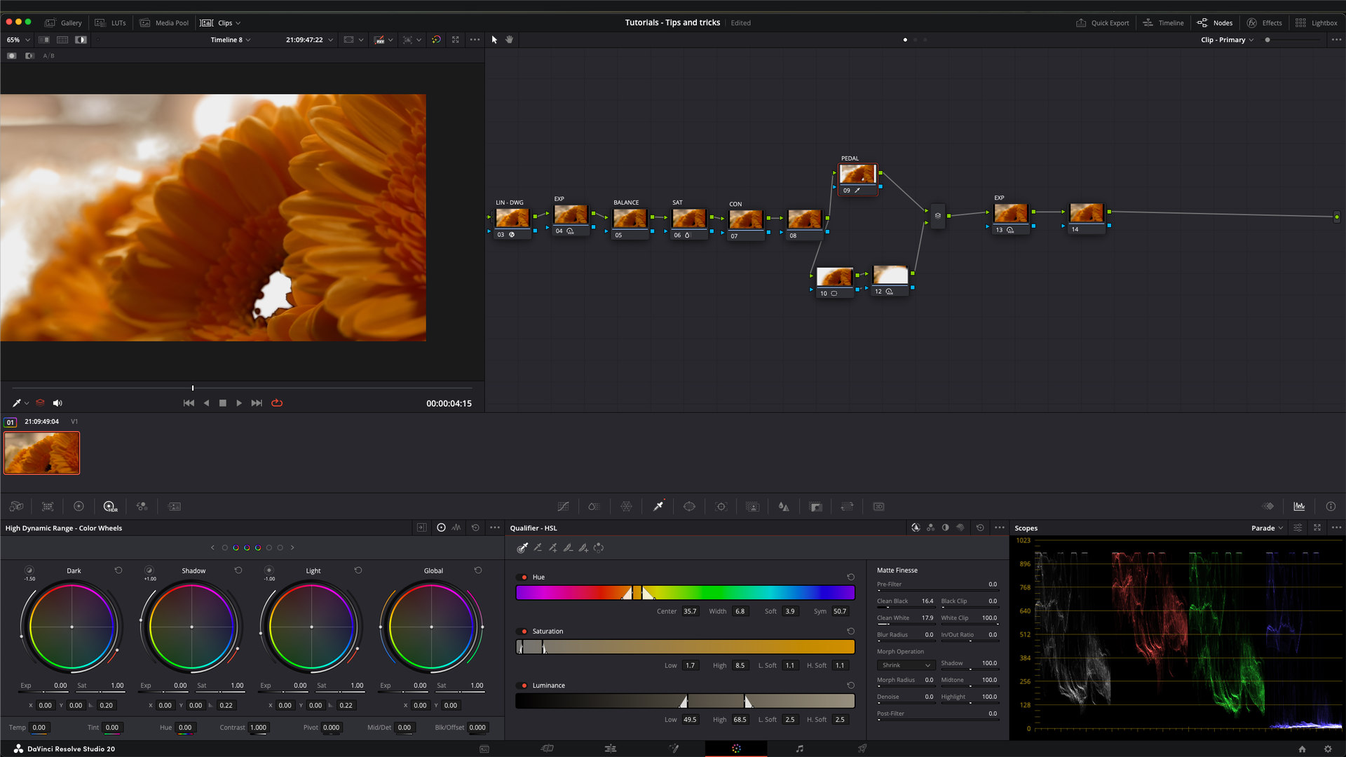 Davinci Resolve UI with the color tab active. The Hue selection has been used and the Highlight prieview in the viewer is active, showing the hue that was selected.