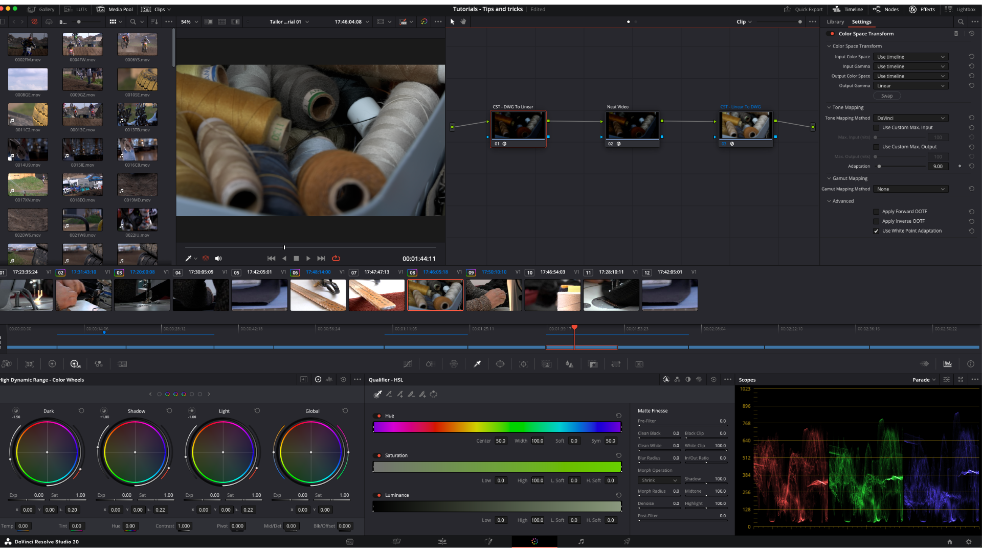Davinci resolve ui showing the Color tab. There are three nodes in the node tree a CST node conected to a Neat video node and back out to a CST node