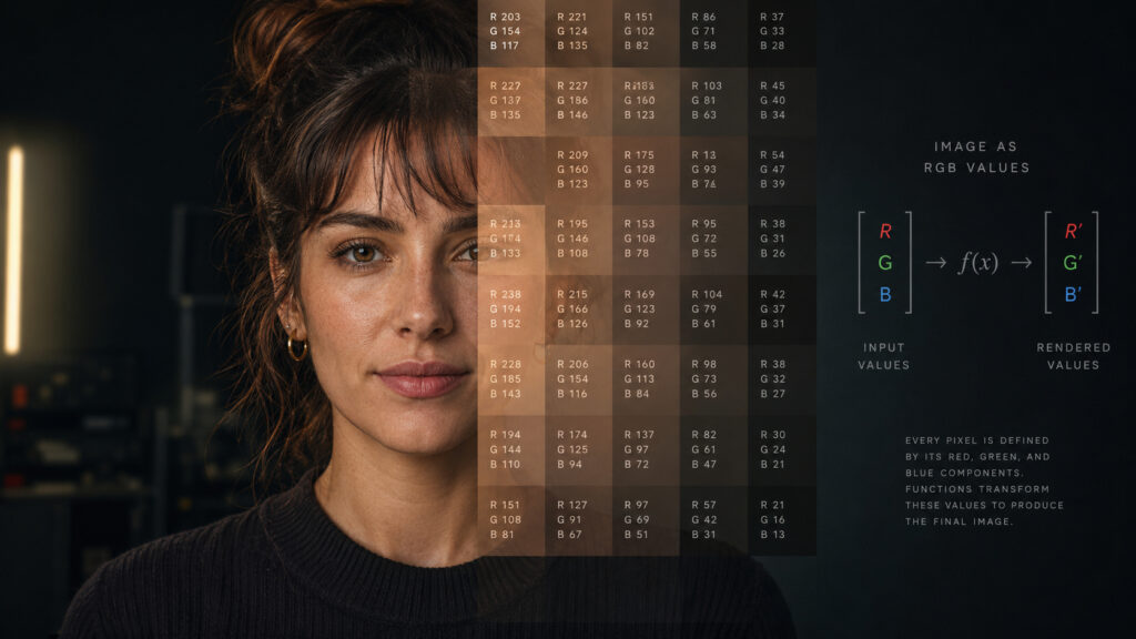 Portrait of a woman partially overlaid with RGB pixel values, illustrating how image pixels are processed as red, green and blue numerical inputs.